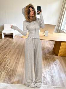 SHEIN EZwear Set de 2 piezas de top con capucha y pantalones casuales para mujer - Albaricoque - Ver 5