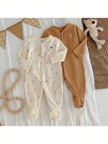 Loomiva Conjunto de 2 piezas de mono de punto suave con cuello redondo de manga larga con estampado floral para bebé recién nacido niña. Ropa de bebé de algodón neutra, unisex para otoño, ropa de bebé de bambú para invierno - Multicolor - Ver 3