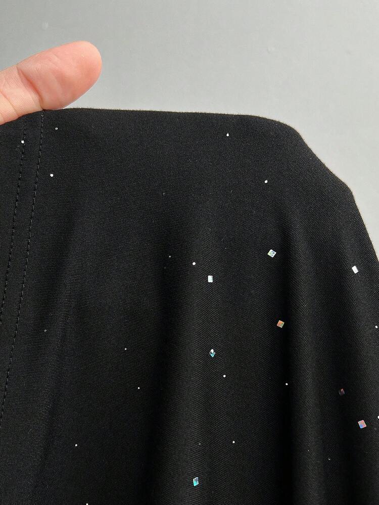 Viva Relle Plus Size Sequin Slit Long Sleeve Bodycon Dress - Black - View 4