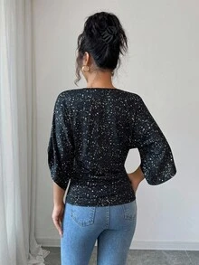 Elenzga 女士优雅V领中袖收腰T恤，适合通勤，秋季 - 黑色 - 查看 2