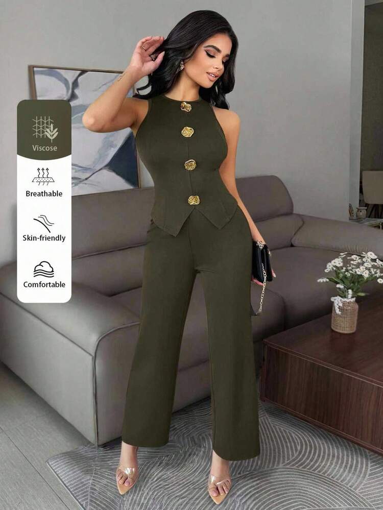 Vavine Conjunto de top de tirantes con botones y pantalones - Verde Oscuro - Añade 1
