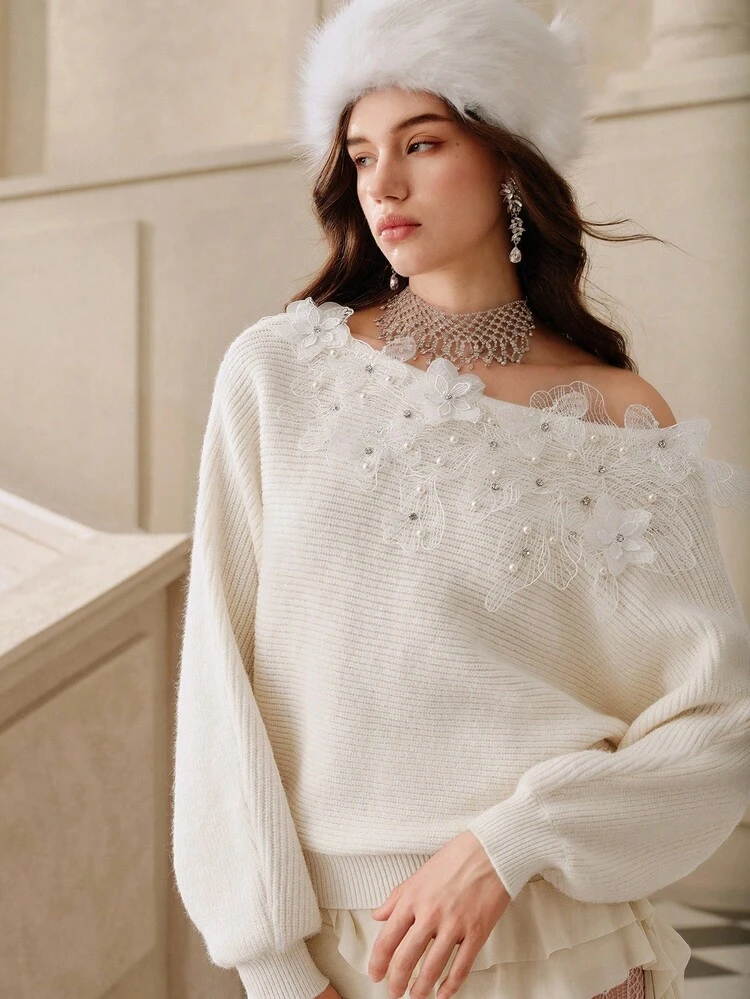 Anewsta Savoree Elegant Floral Embroidery Shoulder Sweater, Autumn/Winter New Arrival