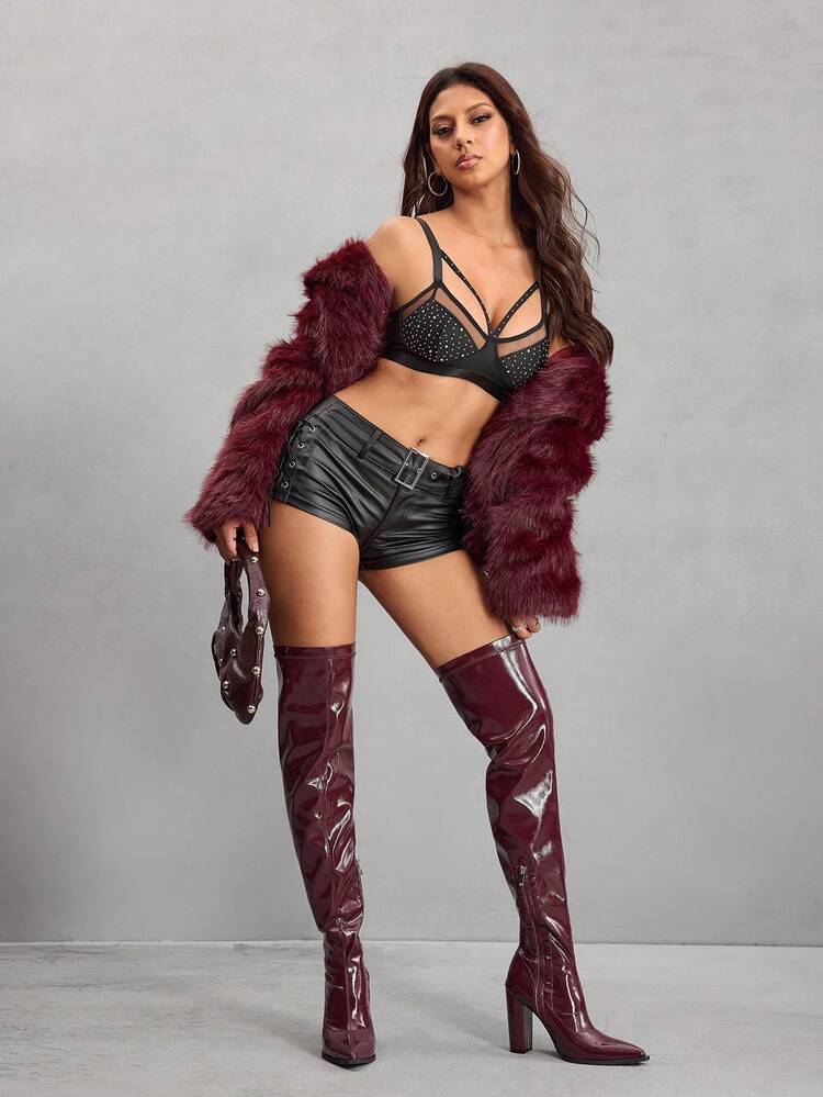 CUCCOO SZL Sexy Fashion Burgundy Pointed Toe Thick High Heel Elastic Comfortable Soft Slimming Thigh High Boots, Versatile Side Zipper Women's Boots, Christmas Red Over-The-Knee Boots Valentine's Day