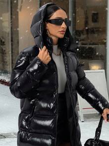 SHEIN Tall Women Long Padded Coat With Adjustable String At Waist, Bright Fabric, Hood, Elegant Streetwear And Casual Everyday Travel Black Winter - Black - View 3