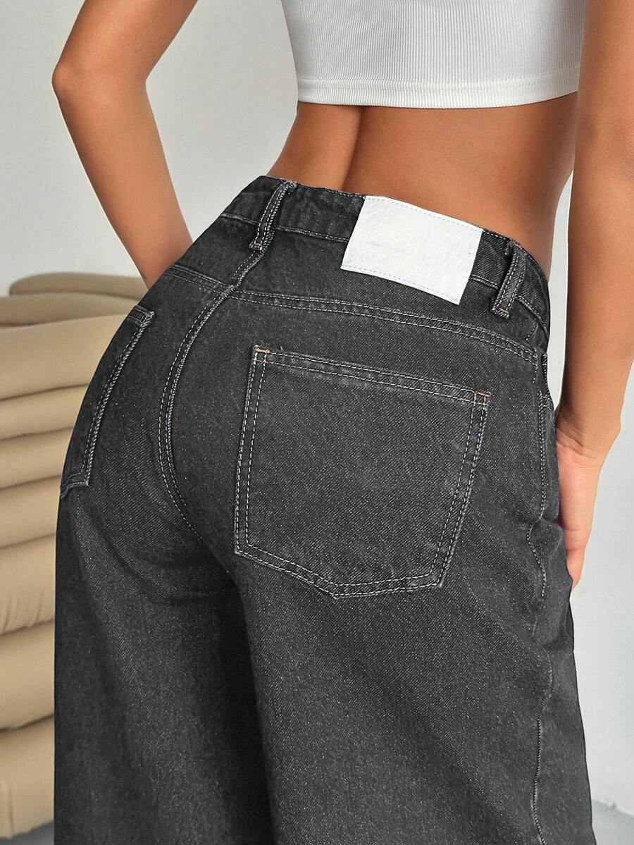 SHEIN Cottnline WOMEN LOW WAIST WIDELEG CASUAL STREET DARK BLUE WITH BACK LABEL WATER WASH - Light Grey - View 1
