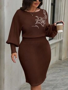 SHEIN Elenzya Váy len dệt kim cổ tròn tay đèn lồng cổ điển cỡ lớn - Cà phê nâu - Xem 6