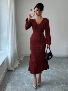 DAZY Elegant Sequin V-Neck Fishtail Midi Dress For Women, Autumn Red Women Dresses Prom Dress Christmas - Burgundy - View 6