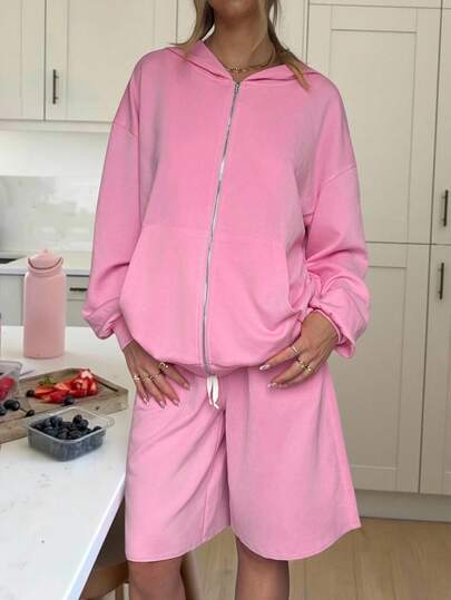 CovetEZ 2-Piece Set For Women's Autumn And Winter Leisure Home Sweet Casual Clean Girl Pink Air Layer Fabric Comfortable Warm Sweatshirt And Shorts Cute Set