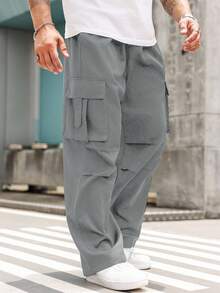 Manfinity LEGND Plus Size Men's Solid Color Drawstring Waist Casual Straight Leg Cargo Pants, Fall