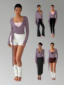 FavEase 粉色瑜伽健身运动高弹柔软裹身V领长袖短款紧身T恤，时尚简约休闲优雅百搭衣橱必备设计，适合女性，春秋季 - 紫色 - 查看 7