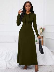 SHEIN LUNE 女式连帽抽绳口袋长款连衣裙 - 軍綠色 - 查看 5