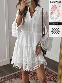 Váy xòe tay loe thêu ren chắp vá màu trơn kiểu phương Tây dành cho nữ, cổ chữ V, buộc eo, viền xếp nếp, tua rua "LanaWest" - trắng - Xem 7