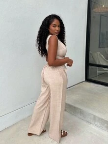 Alexandranx Bộ 2 món áo vest trơn và quần dài thường ngày cho nữ, mùa hè - Màu be - Xem 6