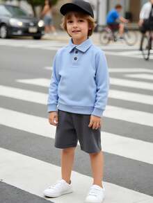 SHEIN Genkimix Kids Sweatshirt Kasual Lengan Panjang Kancing Depan Warna Polos untuk Anak Laki-Laki, Cocok untuk Musim Gugur/Dingin - Baby Blue - View 4