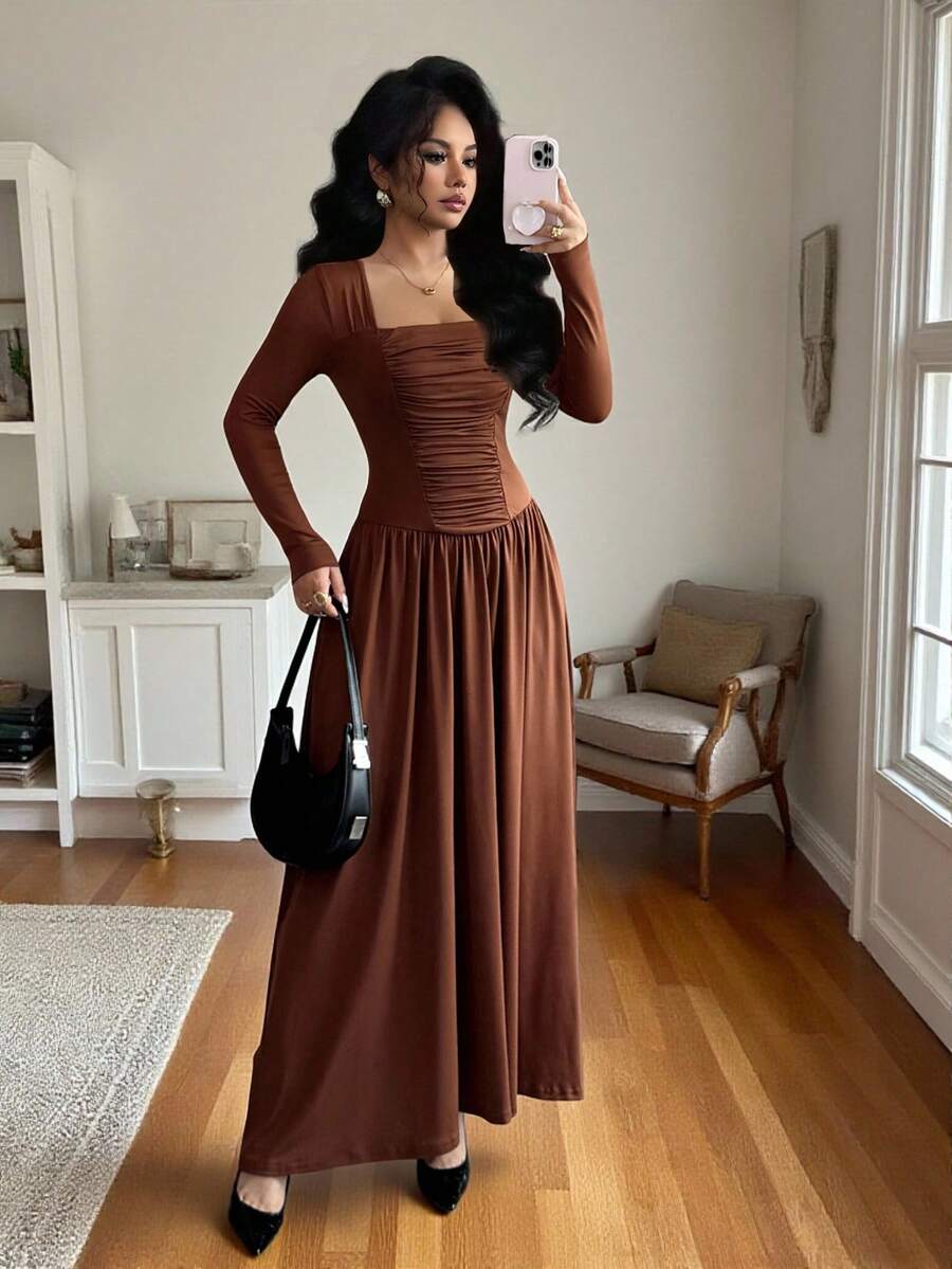 Elenzga Women's Coffee Brown Square Collar High-End Design Front Panel Splice Ruched Slim Fit Cinched Waist Elegant Long Sleeve A-Line Midi Dress, Suitable For Commuting In Autumn Fall Cloth For Women - Coffee Brown - View 1