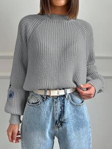 Women's Floral Embroidery Crew Neck Casual Versatile Long Sleeve Pullover Sweater