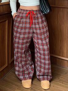 Dazy Plus Plus Size Women's Elastic Waist Drawstring Loose Straight Plaid Long Pants, Suitable For Christmas, New Year And All Seasons Fall - Red - View 4