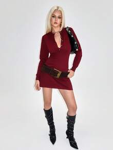 Avantive Damen einfarbiges Knielang Lässig Strickkleid mit Knopfleiste und Langarm, Herbst/Winter - Rot - Übersicht 6