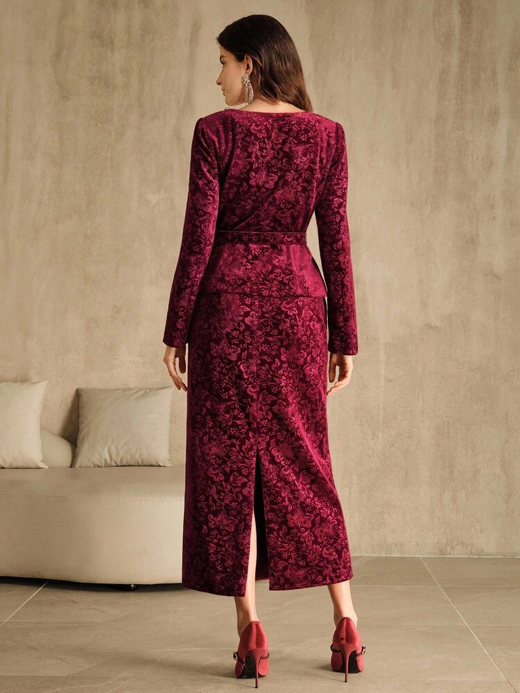 Solid Color Floral Velvet Jacquard Square Collar Handmade Rhinestone Waist Tie A-Line Long Sleeve Top Paired With Mid-Waist Straight Hem Slit Skirt, Suitable For Fall, Autumn, Elegant, Chic, Party, Christmas, New Year