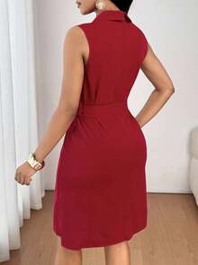 SHEIN Lady Đầm đi làm thanh lịch không tay, cổ ve lật hai hàng khuy trơn màu dành cho nữ - Đỏ - Xem 2