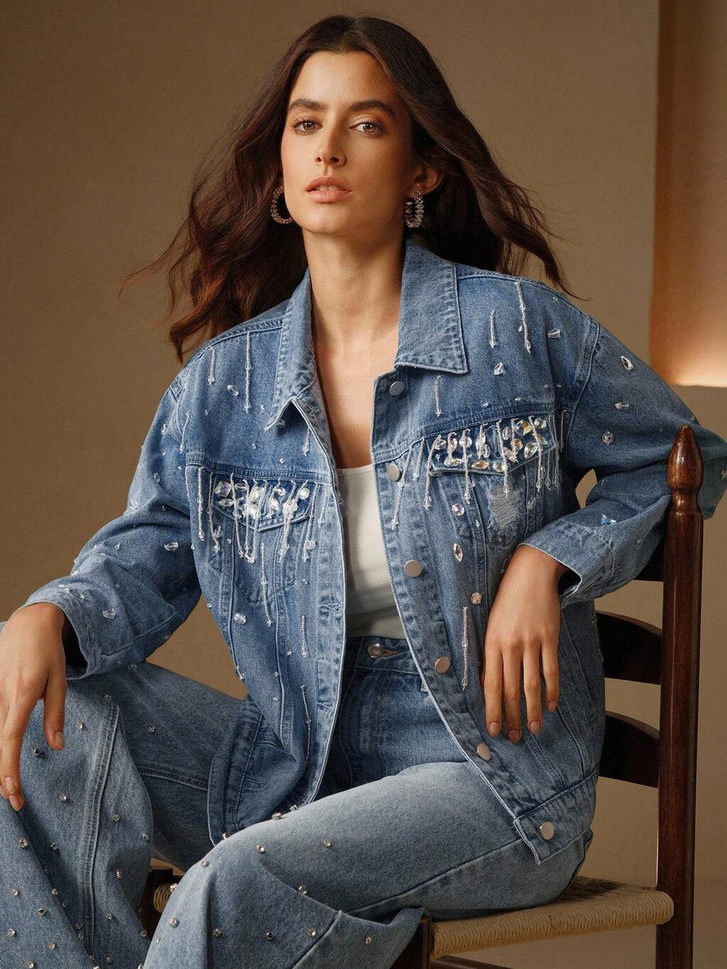 Handcrafted Rhinestone Embellished Denim Jacket For Women