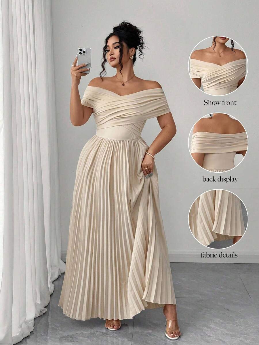 Elenzga Ruched Waist Off-Shoulder Bandeau Dress, Summer, Plus Size Women Romantic Elegant Graduation Dress