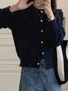Dazy-Less Cárdigan de punto informal de negocios para mujer, parte superior de manga larga con estilo "Old Money", ropa de otoño - Azul Marino - Ver 7