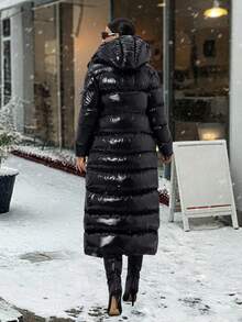 SHEIN Tall Women Long Padded Coat With Adjustable String At Waist, Bright Fabric, Hood, Elegant Streetwear And Casual Everyday Travel Black Winter - Black - View 8