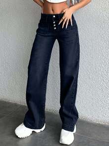 EURMUSE 98%Cotton Women's Low Waist Straight Leg Jeans - Navy Blue - View 4