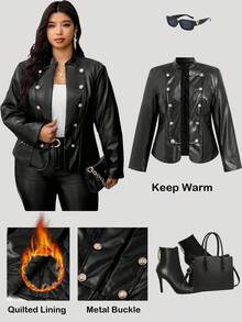 Ellevyn 秋季大码女式纯色长袖 PU 皮革双排扣时尚夹克 - 黑色 - 查看 1