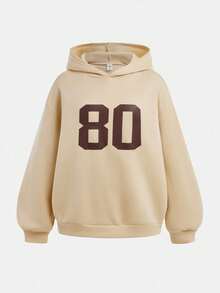 SHEIN Teen Girl Solid Color Numeric Print Hooded Sweatshirt With Cargo Pocket & Pants Two Pieces Tracksuit, Casual For Autumn/Winter - Beige - View 6
