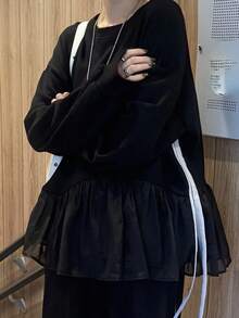 FRIFUL Sweatshirt Pullover Wanita Kerah Bulat dengan Patchwork Kain Kontras, Hem Bergelombang, Dekorasi Pita Samping, Lapisan Termal, Tebal untuk Musim Gugur dan Musim Dingin - Hitam - View 3