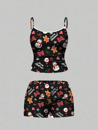 ROMWE Avant Christmas Cartoon Allover Print Lace Cami & Ruched Side Shorts Pajama Set, Casual Loungewear