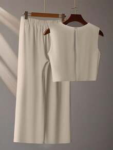 Franclia 法式高级时尚立体钉珠无袖上衣叠穿阔腿裤长裤夏季两件套女士夏装夏季两件套夏季 - 米色 - 查看 2