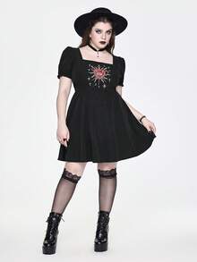 ROMWE Goth 大码女式心形刺绣方领泡泡袖休闲连衣裙 - 黑色 - 查看 7