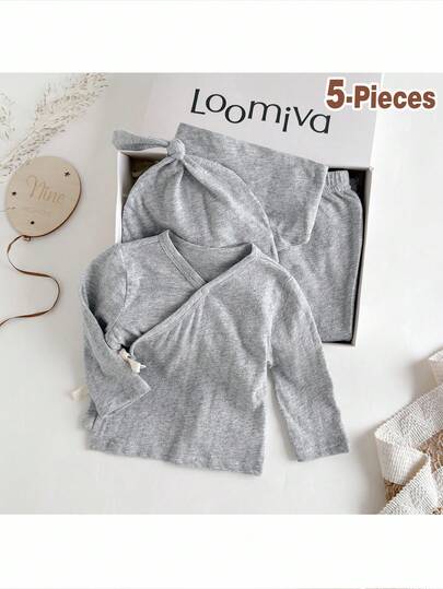 Loomiva Bộ quà tặng 5 món cho trẻ sơ sinh: Áo chui đầu cổ tròn tay dài dệt kim mềm màu trơn, quần cạp chun, mũ, yếm, túi đựng đồ