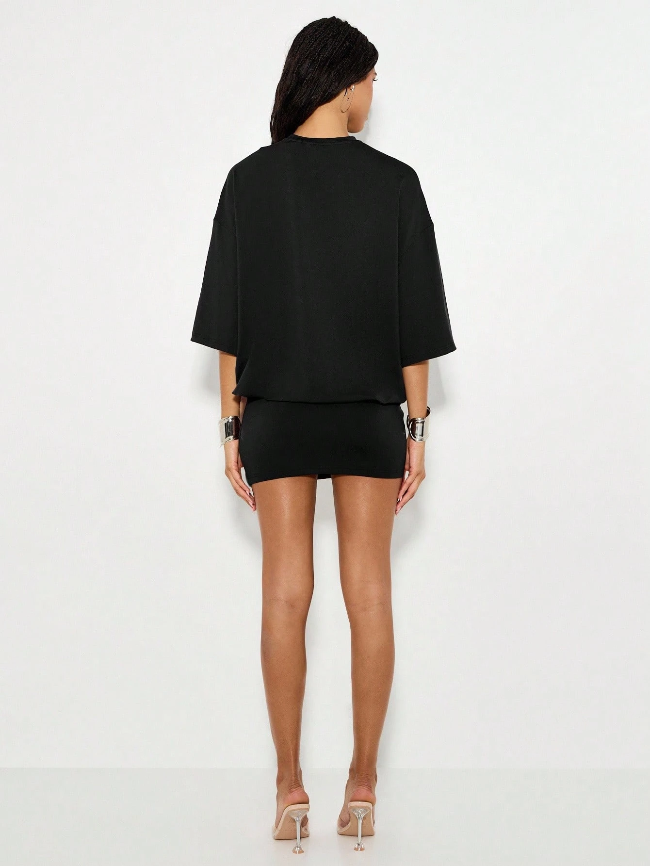 KIZN Oversized Mini Dress With Studded Belt And Batwing Sleeves