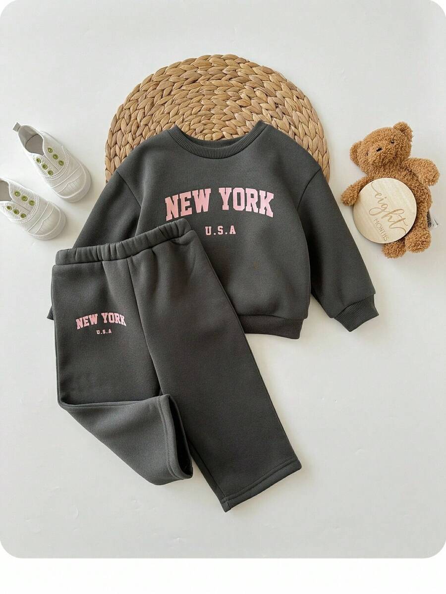 SHEIN 2 件套 Babygirl 宽松休闲字母印花长袖圆领运动衫和运动裤,适合户外和室内穿着 - 灰色 - 查看 1