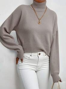 EURMUSE High Neck Drop Shoulder Sweater - Light Grey - View 6