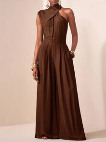 Zivah 2025新款休闲度假日常约会通勤优雅沙滩邮轮派对简约网红爆款高领毛领无袖一字肩宽松连体裤阔腿裤超长裤带口袋军绿色女连体裤 - 棕色 - 查看 7