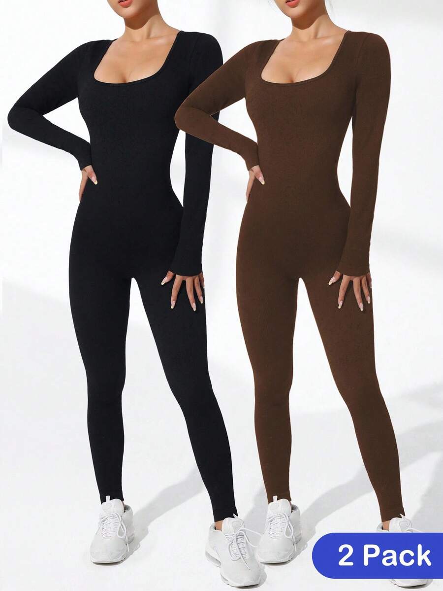 Easithlete 2 PCS Women's Solid Color Square Neck Bodysuit With Long Sleeves Long Sleeve Jumpsuit Workout Jumpsuit Seamless Jumpsuit Ribbed Jumpsuit - Multicolor - View 1