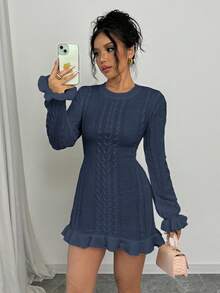 EURMUSE Women's Solid Color Cable Knit Ruffle Hem Sweater Dress, Autumn/Winter,Petite - Navy Blue - View 6