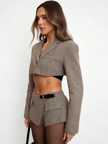 Avenya Tweed By Vintage 棕色格纹短款腰身西装外套，优雅商务休闲风，秋冬度假必备，时尚百搭，适合秋季、万圣节、圣诞节等场合，垫肩设计，外套，外出休闲，学术氛围，KIZN - 棕色 - 查看 4