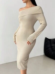 Modelyn 女式不对称领纯色修身长袖罗纹针织连衣裙 - 杏色 - 查看 7