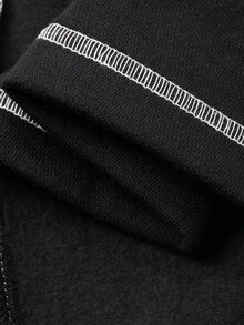 FRIFUL Women's Black Solid Color Round Neck Drop Shoulder Long Sleeve Contrast Stripe Decor Straight Loose Casual Maxi Dress, Thermal Lined, Autumn - Black - View 7