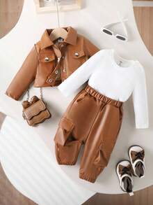 SHEIN Playful Pals 3pcs Baby Girl Fashion Streetwear T-Shirt, Button Front Jacket And Cargo Pants Set For Spring And Autumn