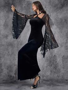 Firerie Elegantes, anspruchsvolles und würdevolles Gothic-Samt-Spitzen-Bodycon-Abendkleid mit hohem Schlitz, Neckholder-Ausschnitt, lange schwarze Kleider, Gothic-Kostüme für Halloween-Partys, elegante Abendkleider für Feiern - Schwarz - Übersicht 13