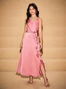 Elegant Pleated Trim Spaghetti Strap Dress For Teens, Suitable For Holiday Party, School Event, Christmas, Piano Recital, Runway Show - Pink - View 1