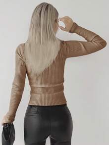 EURMUSE Women's Solid Color Criss-Cross Design Long Sleeve Fitted Pullover Sweater, Autumn/Winter - Camel - View 2