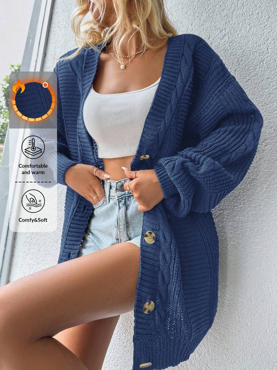 EURMUSE Drop Shoulder Button Front Cardigan - Blue - View 1